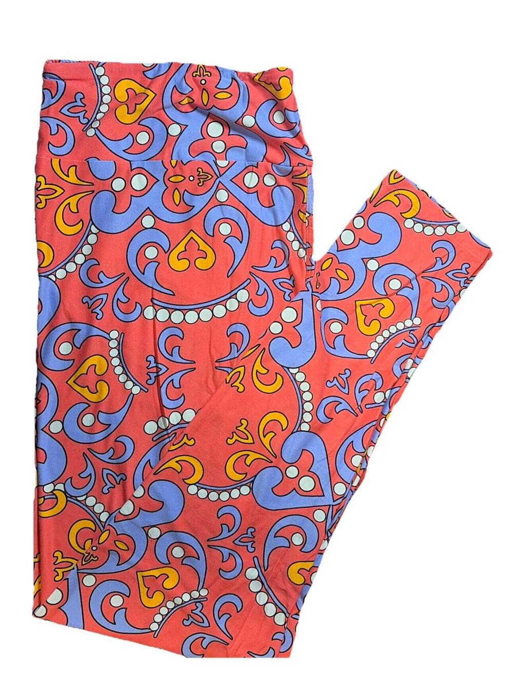 NWT LuLaRoe Fan Fave Coral Blue Yellow Orange Baroque Print Leggings TC2 (20-26)